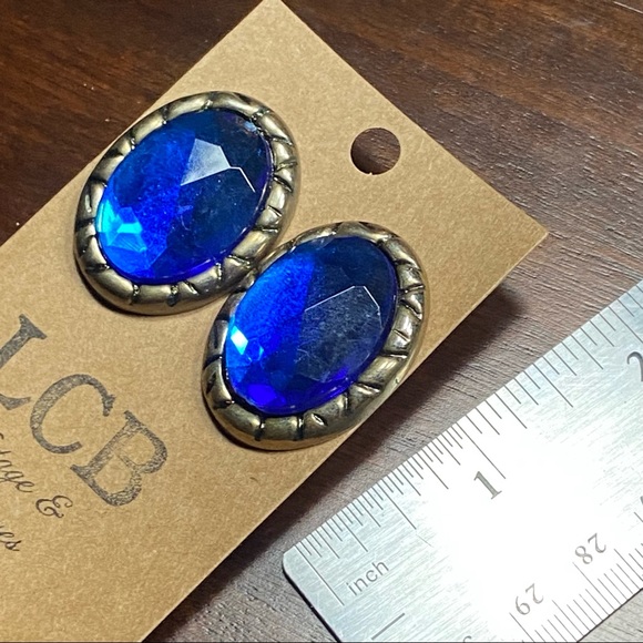 Vintage Silver and Blue Geometric Oval Large Statement Button Earrings - Picture 7 of 8
